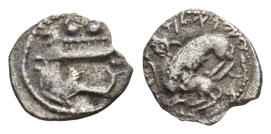 Phoenicia. Byblos, 'Aynel (Enylos) AR 1/16 Shekel.: Circa 350-316/5 BC. Two hoplites, holding shields, on galley to left above waves, prow ending in lion's head; below, hippocamp to left / Lion attacking bull to left. E&E-B Series IV.4.2; HGC 10, 139.