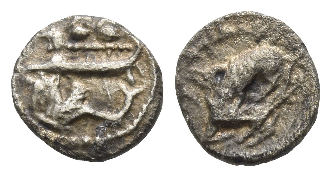 Phoenicia. Byblos AR 1/16 Shekel.: 4th century BC. Galley to left, containing two hoplites with helmets and round shields; hippocamp to left below / Lion attacking bull to left. Cf. HGC 10, 139. 0.77gr, 10mm, 10h. (For this specific lo