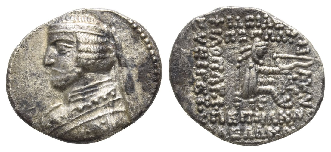 Kings of Parthia, Phraates III AR Drachm.: Struck circa 68-62 BC. Ekbatana mint. Diademed bust to left, wearing necklet with medallion / ???????? ??????? ??????? ????????? ?????????? ??????????? ?????????, Archer (Arsakes I) seated to right on