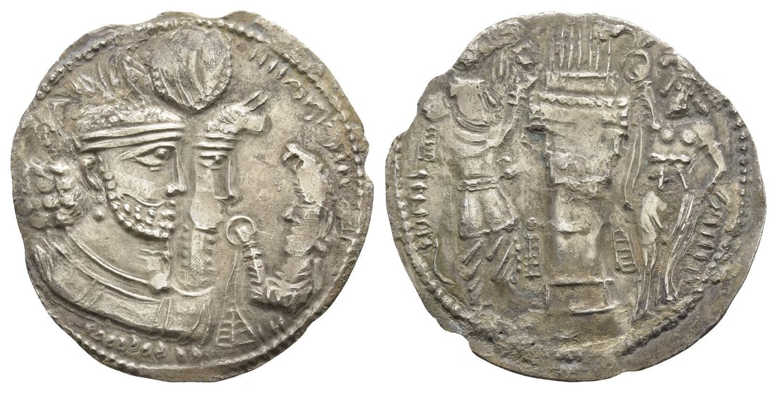 Sasanian Kingdom. Bahram II, with Queen and Prince 4 AR Drachm.: AD 276-293. Jugate busts of Bahram II, wearing winged crown with korymbos, and his queen, wearing kolah with boar's head, to right, vis-a-vis cuirassed bust of Prince 4, wearing kolah with eagle's hea