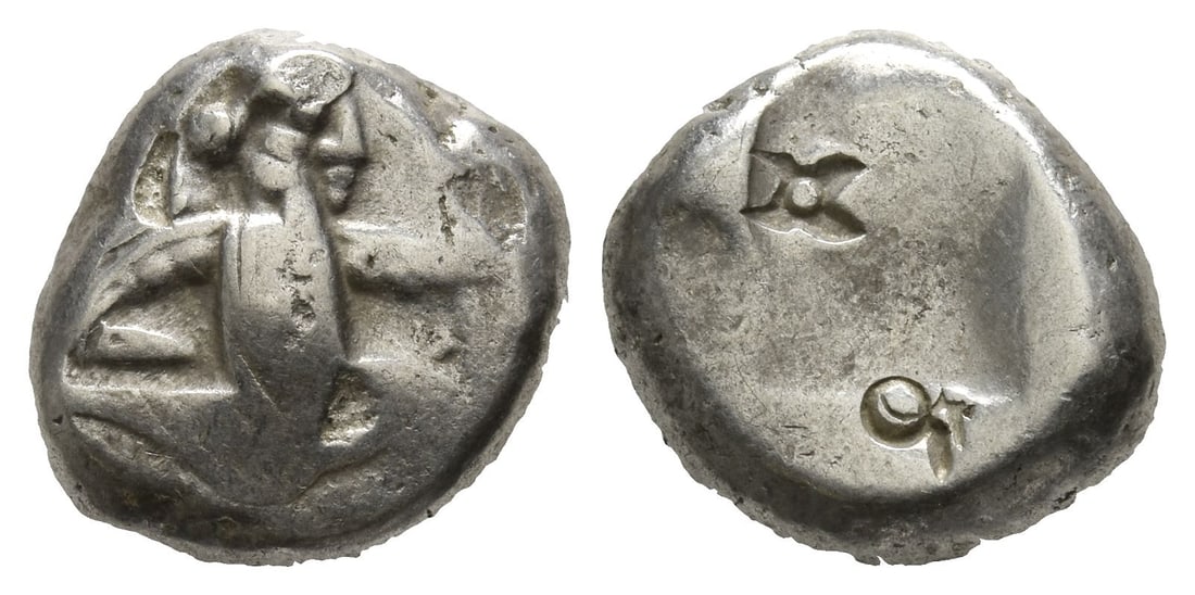 Persia. Achaemenid Empire, Time of Darius II to Artaxerxes II AR Siglos.: Circa 420-375 BC. Sardes mint or subsidiary mint. Type IV (middle) B. Lydo-Milesian standard. Persian king or hero, wearing kidaris and kandys, quiver over shoulder, in kneeling-running stance to righ