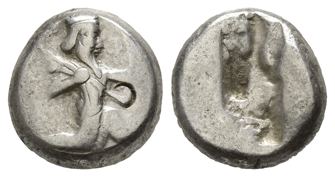Persia. Achaemenid Empire, Time of Artaxerxes I to Artaxerxes II AR Siglos.: Circa 450-375 BC. Sardes or subsidiary mint. Type IIIb (late). Lydo-Milesian standard. Persian king or hero, wearing kidaris and kandys, quiver over shoulder, in kneeling-running stance to right, hold