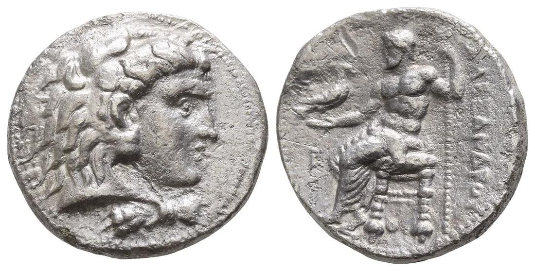 Ptolemaic Kingdom of Egypt, Ptolemy I Soter AR Tetradrachm.: As satrap, 323-305 BC. Byblos mint. In the name and types of Alexander III of Macedon. Head of Herakles to right, wearing lion skin headdress, paws tied beneath chin / ??????????, Zeus seated to left