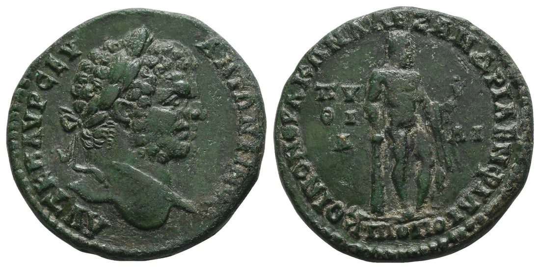 Caracalla AE Tetrassarion or 4 Assaria of Philippopolis, Thrace.: AD 215. Alexandrian and Pythian Games issue. A?T K M A?? CEV ANT?NEINOC, laureate head to right / KOINON ??AK?N A?EZAN??IA EN ?I?I-??O?O-?? (?? ligate) around and in right field, ?V?IA in three lines