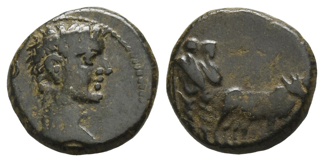 Augustus(?) AE 16mm of Philippi(?), Macedon.: 27 BC-AD 14. [AVG?], bare head to right / Two founders driving yoke of oxen to right, plowing pomerium. Cf. RPC I 1656; cf. SNG BN 1439-48 (Parium); cf. Varbanov 3770. 3.54gr, 16mm, 1h. Near Very Fine