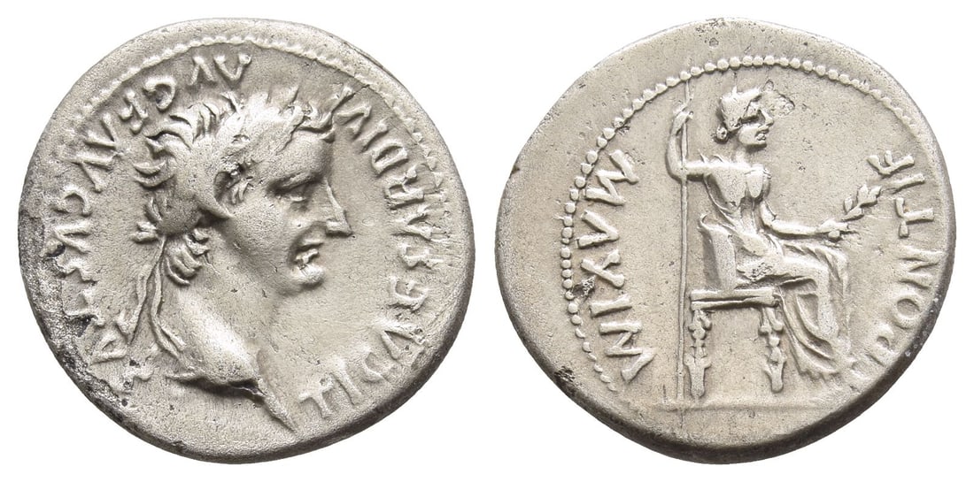 Tiberius AR Denarius.: AD 36-37. Lugdunum mint. Tribute Penny type. TI CAESAR DIVI AVG F AVGVSTVS, laureate head to right / PONTIF MAXIM, Livia, as Pax, seated to right on chair with ornamented legs, holding inverted spear 