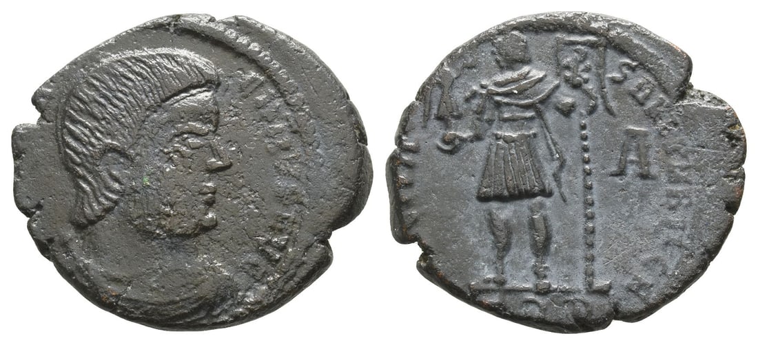 Magnentius AE Centenionalis.: AD 350-351. Uncertain mint. Contemporary imitation. Bareheaded, draped and cuirassed bust right / Emperor standing left, holding Victory on globe and labarum inscribed with a Christogram; A in right f