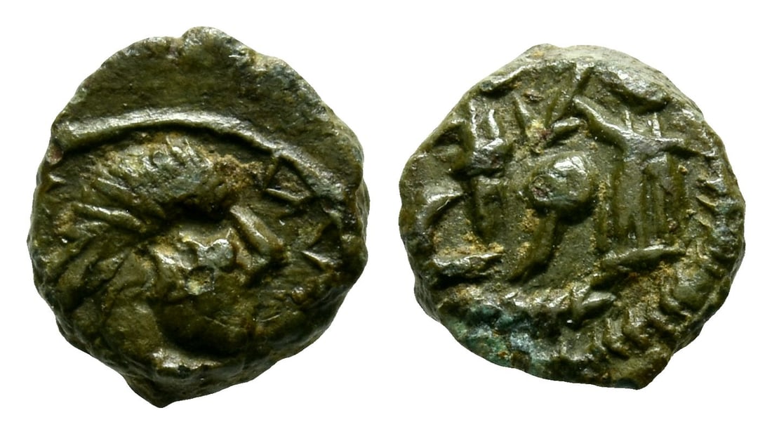 Roman Imperial Barbarous Imitation AE 10mm.: Circa 4th century AD. Bust to right / Soldier advancing to left, spearing fallen horseman. 1.14gr, 10mm. Very Fine. Found Gloucestershire, UK. TimeLine Auctions follows a rigorous vetting process to e