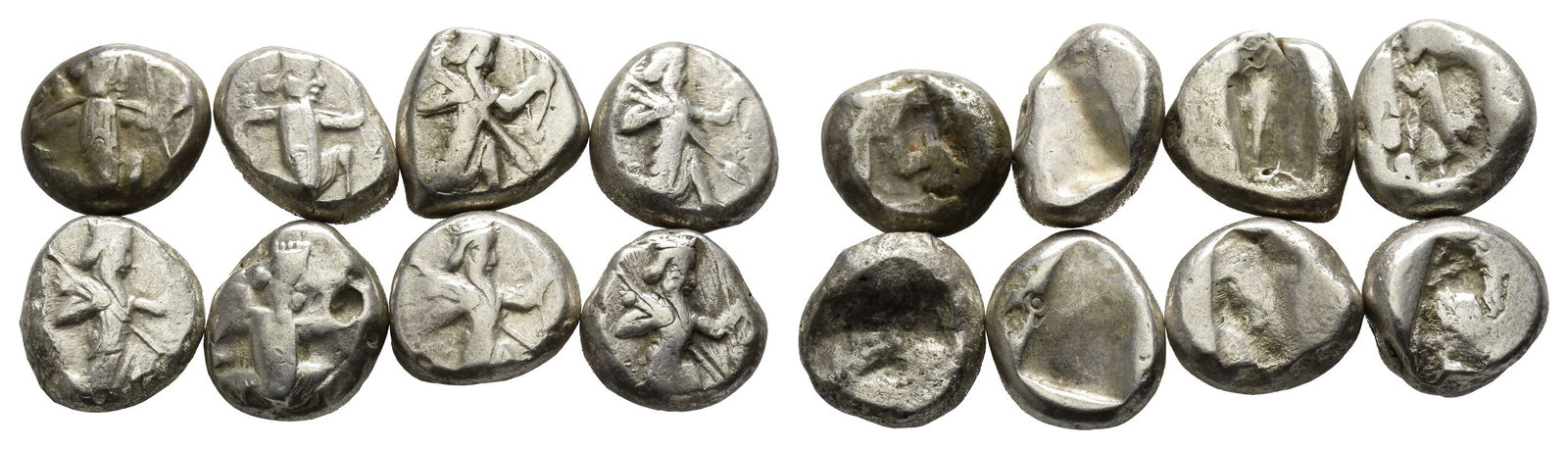 Group of Eight [8] AR Sigloi of Achaemenid Empire.: 5th-4th century BC. Various types. 44.89gr total. Condition as seen. Ex 'V' gentleman's collection, Switzerland. From the property of a North London, UK, gentleman. TimeLine Auctions follows a rigorou