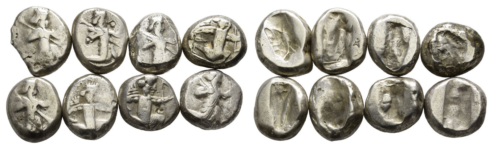 Group of Eight [8] AR Sigloi of Achaemenid Empire.: 5th-4th century BC. Various types. 44.61gr total. Condition as seen. Ex 'V' gentleman's collection, Switzerland. From the property of a North London, UK, gentleman. TimeLine Auctions follows a rigorou