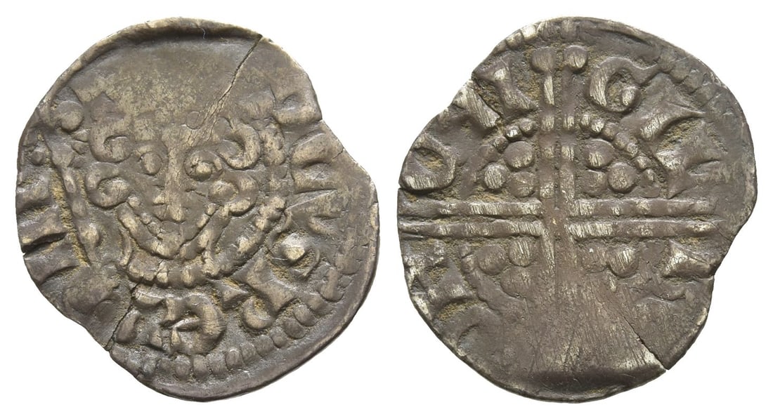 England. Plantagenet, Henry III AR Penny.: Struck 1251/2-1252. Canterbury mint; Gilbert, moneyer. Long Cross coinage, class Vb2. ??NRICVS (NR ligate) R-?X III, crowned facing head holding lis-tipped sceptre to left / Long voided cross, quatref