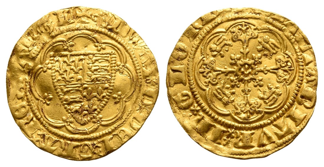 England. Plantagenet, Edward III AV Quarter Noble.: Struck 1361-1369. Tower (London) mint. Fourth coinage, Treaty period. ? ? ?DWARD ?? D?I ?? GRA ?? R?X ?? A?GL', coat-of-arms within tressure of arches with trefoils on cusps / ? ?XALTABITVR ?? I? ?? G