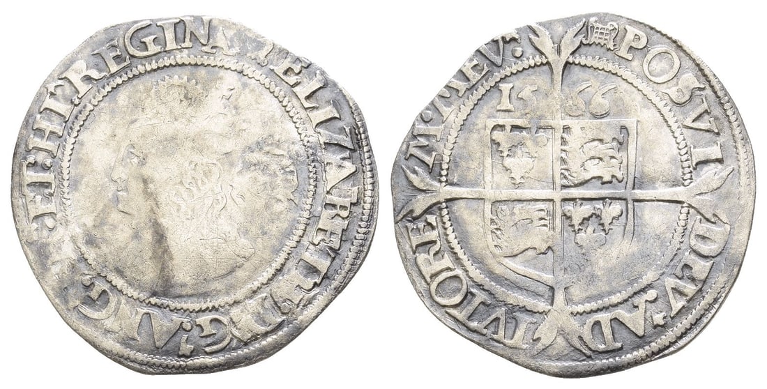 England. Tudor, Elizabeth I AR Sixpence.: Dated 1566. Tower (London) mint; i.m: portcullis. Third Issue. (Portcullis) ELIZABETH : D .' G .' ANG .' FR .' ET : HI .' REGINA, crowned bust 4B to left, wearing ruff; rose behind / (Portcullis) POSV