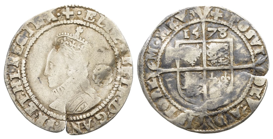 England. Tudor, Elizabeth I AR Sixpence.: Dated 1578. Tower (London) mint; i.m: Greek cross. Fifth Issue. (Greek cross) • ELIZABETH : D .' G .' ANG .' FR .' ET : HI .' REGINA •, crowned bust 5A to left, wearing ruff; rose behind / (