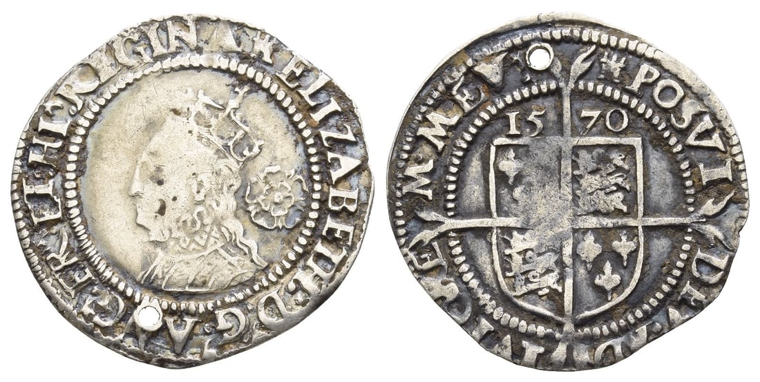 England. Tudor, Elizabeth I AR Sixpence.: Dated 1570. Tower (London) mint; i.m: castle. Third Issue. (Castle) ELIZABETH : D .' G .' ANG .' FR .' ET : HI .' REGINA, crowned bust 4B to left, wearing ruff; rose behind / (Castle) POSVI DEV .' AD-