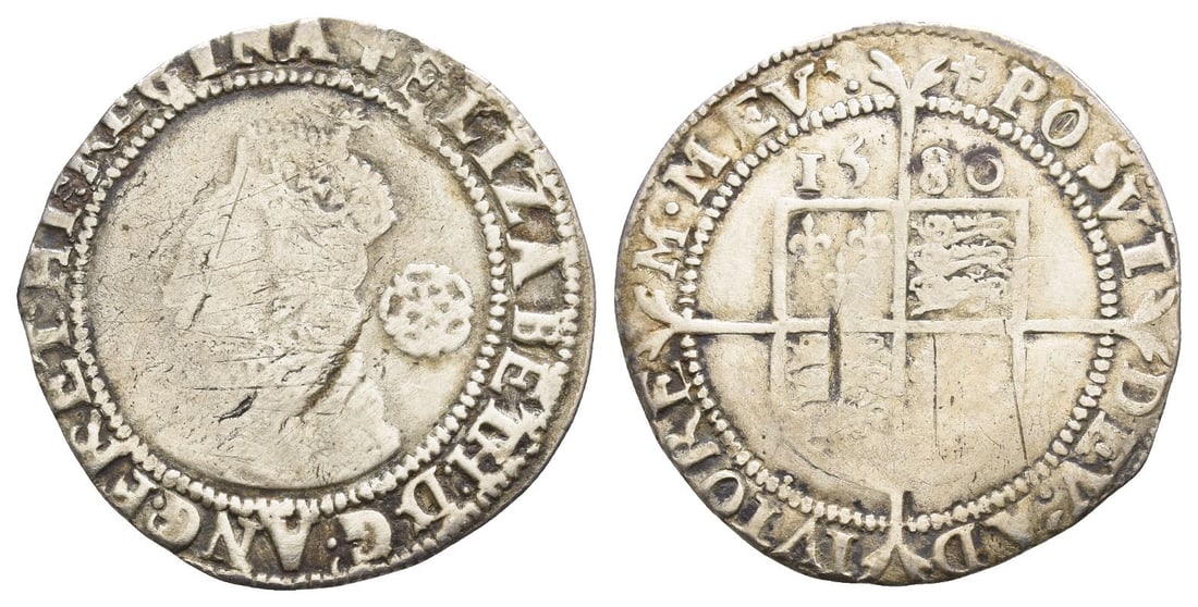 England. Tudor, Elizabeth I AR Sixpence.: Dated 1580. Tower (London) mint; i.m: Latin cross. Fifth issue. (Latin cross) ELIZABETH : D .' G .' ANG .' FR .' ET : HI .' REGINA, crowned bust to left, wearing ruff; rose behind / (Latin cross) POSV