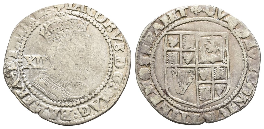 England. Stuart, James I AR Shilling.: Struck 1624. Tower (London) mint; i.m: trefoil. Third coinage. (Trefoil) • IACOBUS D : G : MAG : BRIT : FRA : ET HI : REX, crowned bust to right; XII (mark of value) behind / (Trefoil) QVÆ DEVS