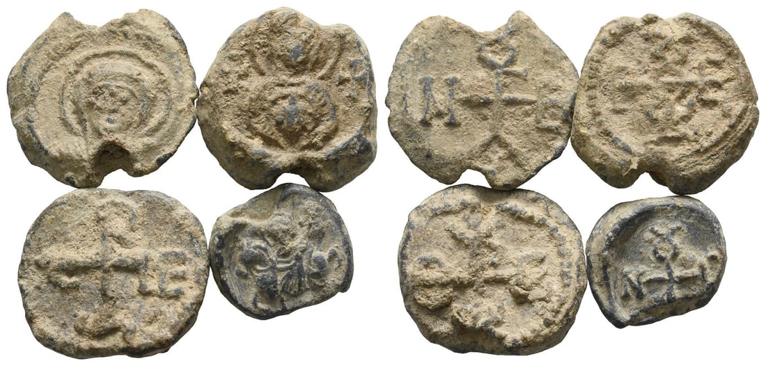 Group of Four [4] Byzantine PB Seals.: 6th century AD. Various types. 35.65gr total. Condition as seen. UK private collection before 2000. Acquired on the UK art market. Private collection, London. TimeLine Auctions follows a rigorous vett