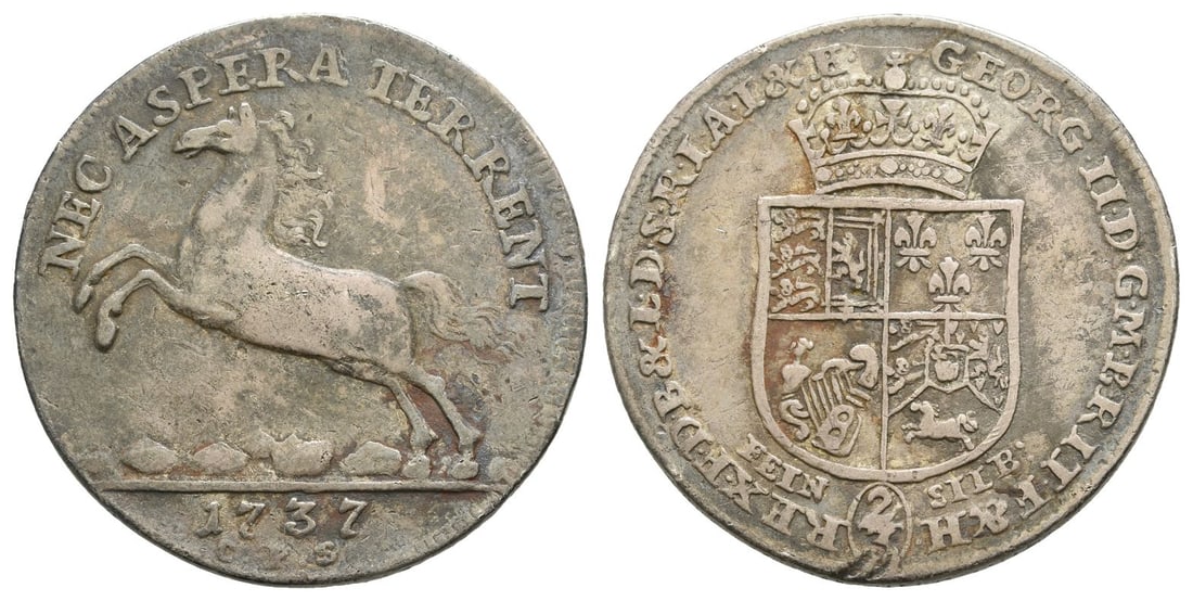 German States. Brunswick-Lüneburg-Calenberg-Hannover, Georg II AR 2/3 Thaler.: Dated 1737. Christian Philipp Spangenberg, Mint Master. NEC ASPERA TERRENT, horse leaping to left; date and C.P.S in exergue / GEORG·II·D·G·M·BRIT·F&H·REX·F·D·B&L·D·S·R·I·A·I&E·, crow