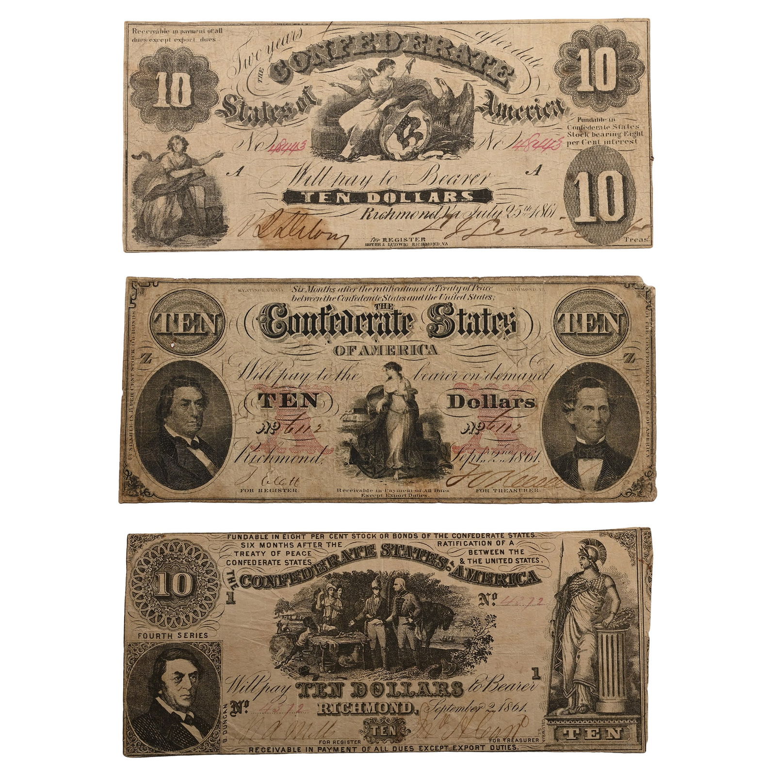 Confederate States of America. Group of Three [3] Ten Dollars T10, T26 and T30. (1 of 1)