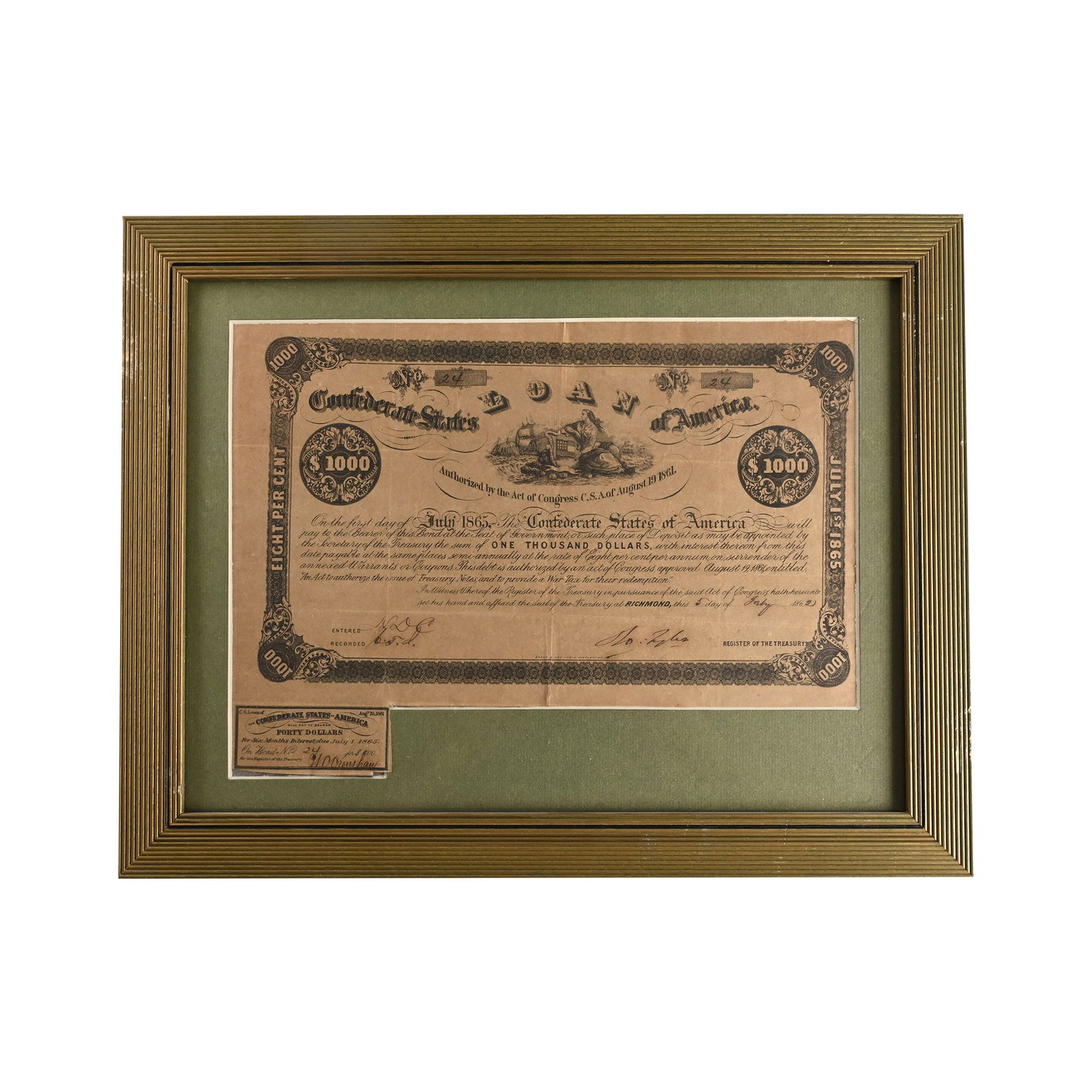 United States of America. Framed Confederate 1,000 Dollar Bond and Interest Coupon. (1 of 1)