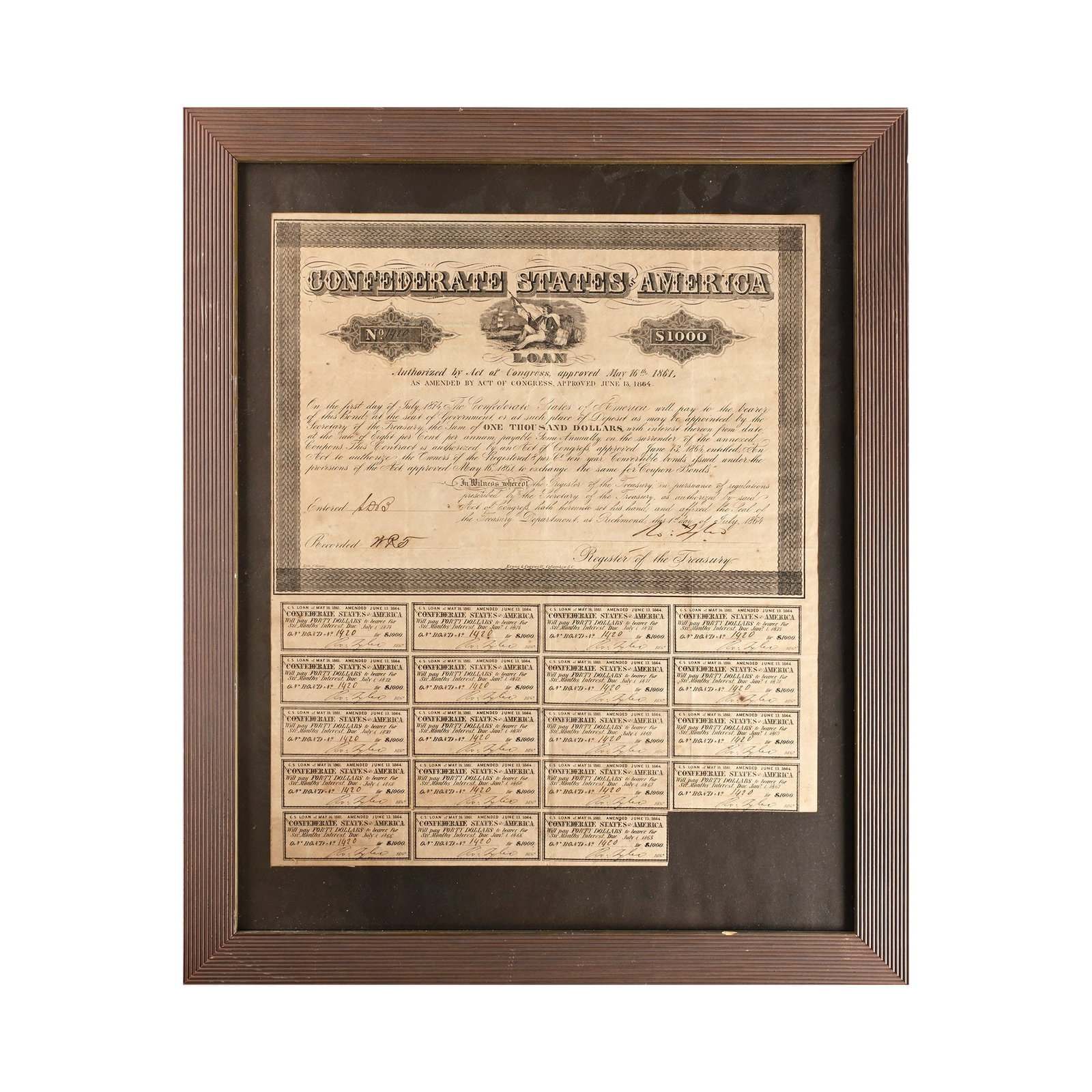 United States of America. Framed Confederate 1,000 Dollar Bond and Interest Coupons.: 1864. United States of America. Framed Confederate 1,000 Dollar Bond and Interest Coupons. 2143gr, 46cm x 56cm. Condition as seen. From the private collection of author and historian Dr DeWitt Bailey,