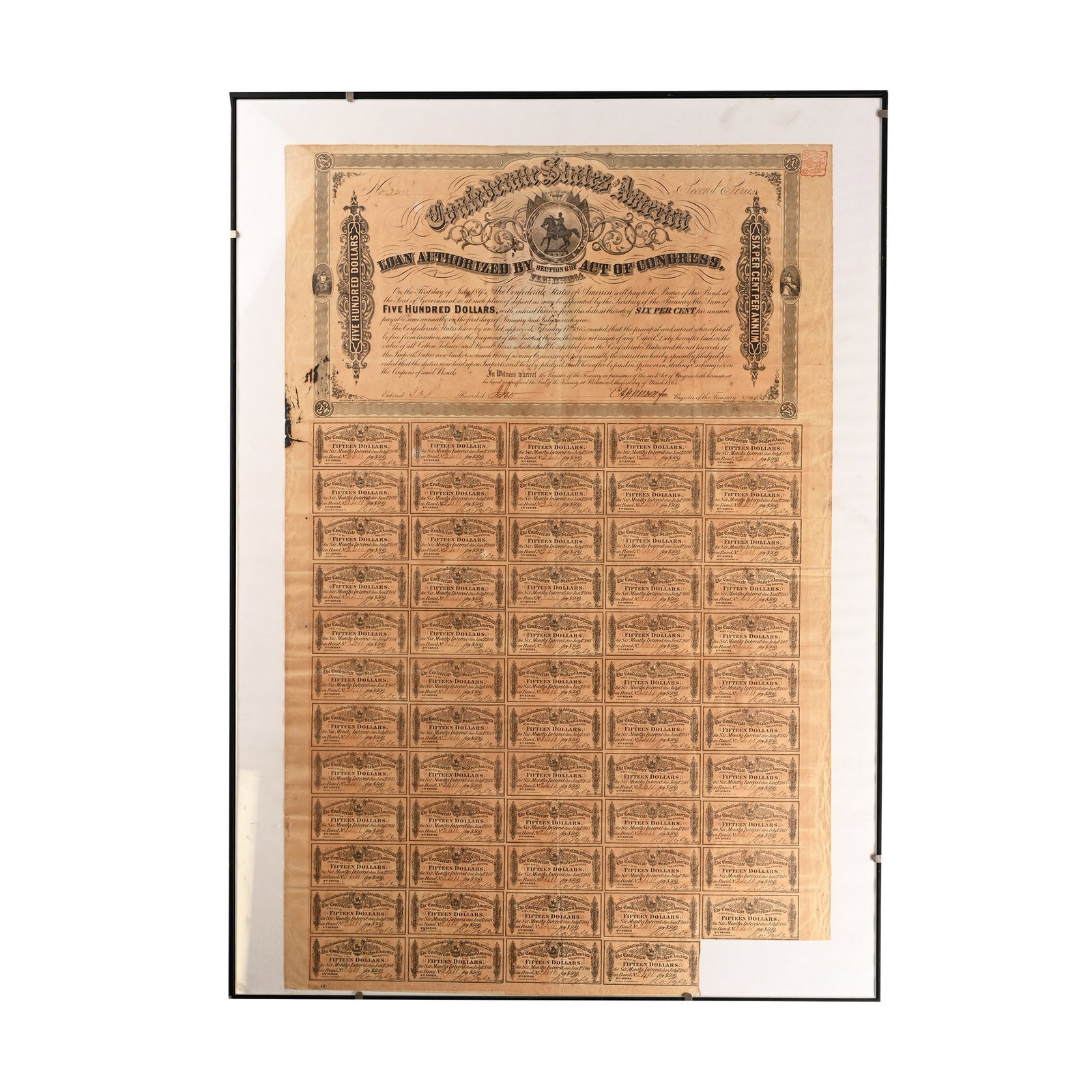 United States of America. Framed Confederate 500 Dollar Bond and Interest Coupons.: 1864. United States of America. Framed Confederate 500 Dollar Bond and Interest Coupons. 2390gr, 51cm x 71cm. Condition as seen. From the private collection of author and historian Dr DeWitt Bailey, o