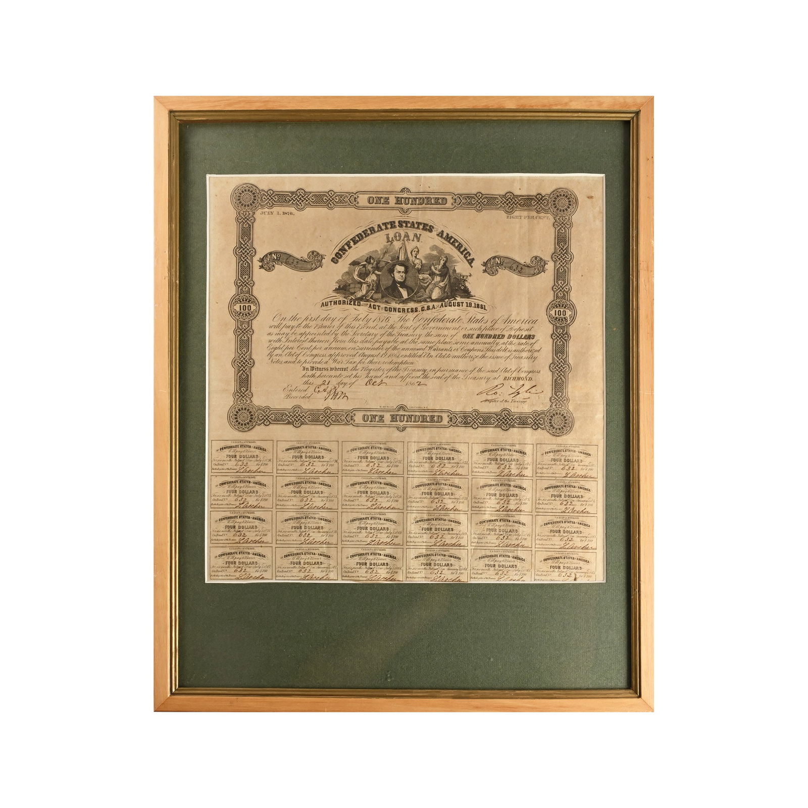 United States of America. Framed Confederate 100 Dollar Bond and Interest Coupons. (1 of 1)