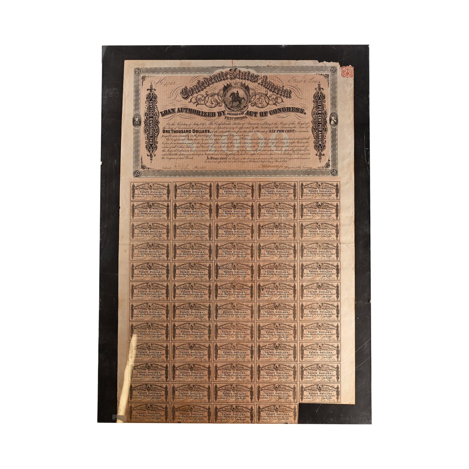 United States of America. Framed Confederate 1,000 Dollar Bond and Interest Coupons.: 1864. United States of America. Framed Confederate 1,000 Dollar Bond and Interest Coupons. 1478gr, 50cm x 70cm. Condition as seen. From the private collection of author and historian Dr DeWitt Bailey,