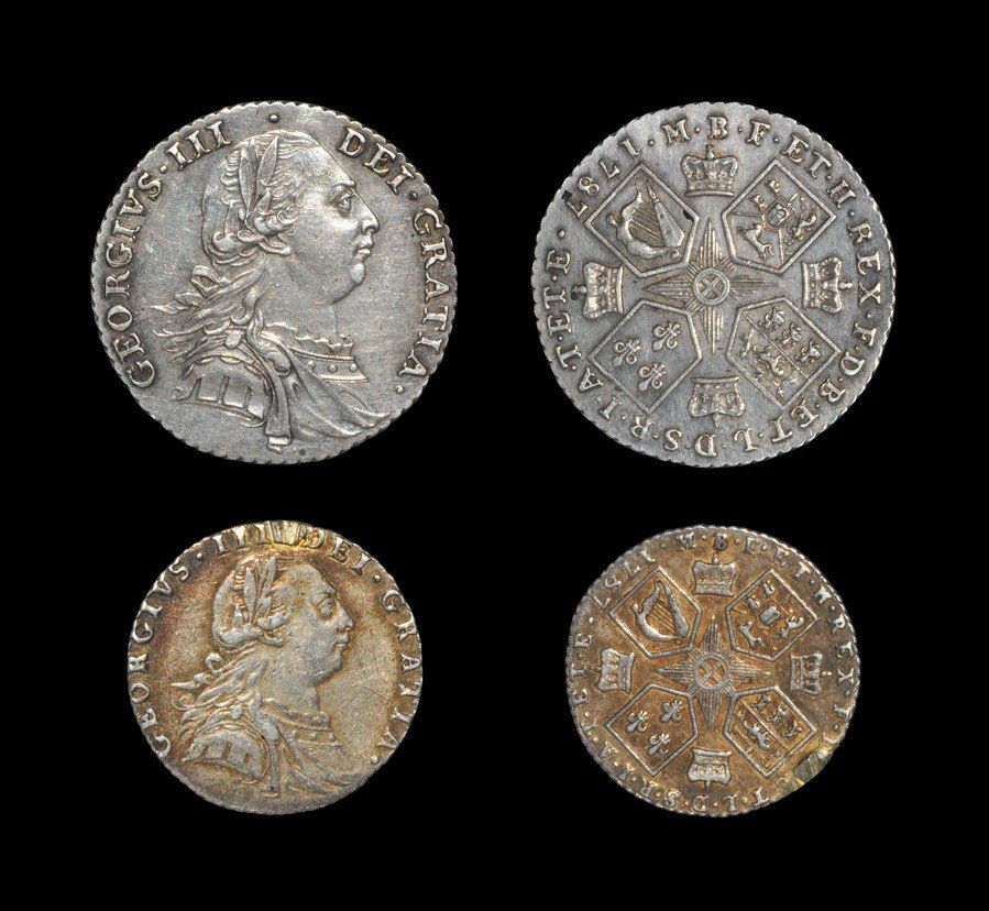 English Milled George III - 1787 - Shilling and Sixpenc: Dated 1787 AD, with hearts. Obvs: profile bust with GEORGIVS III DEI GRATIA legend. Revs: cruciform shields with crowns and date and M B E F ET H REX F D B ET L D S R I A T ET E legend. S. 3746/3749;