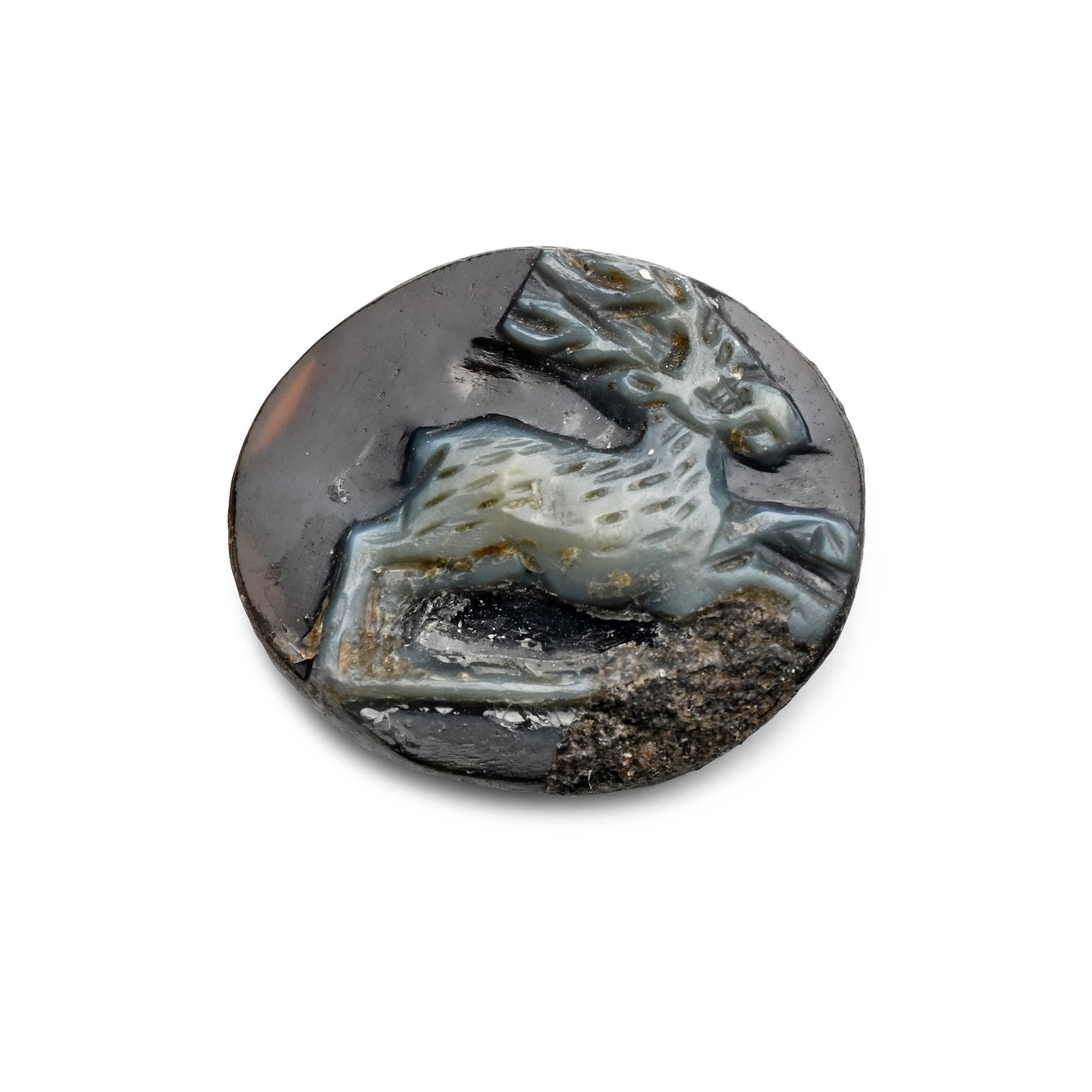Roman Sardonyx Cameo of a Leaping Stag: 2nd-3rd century A.D. With a cameo image of a male antelope jumping right; supplied with a museum-quality impression. 0.43 grams, 11 mm (3/8 in.). Private English collection, formed between the late 19