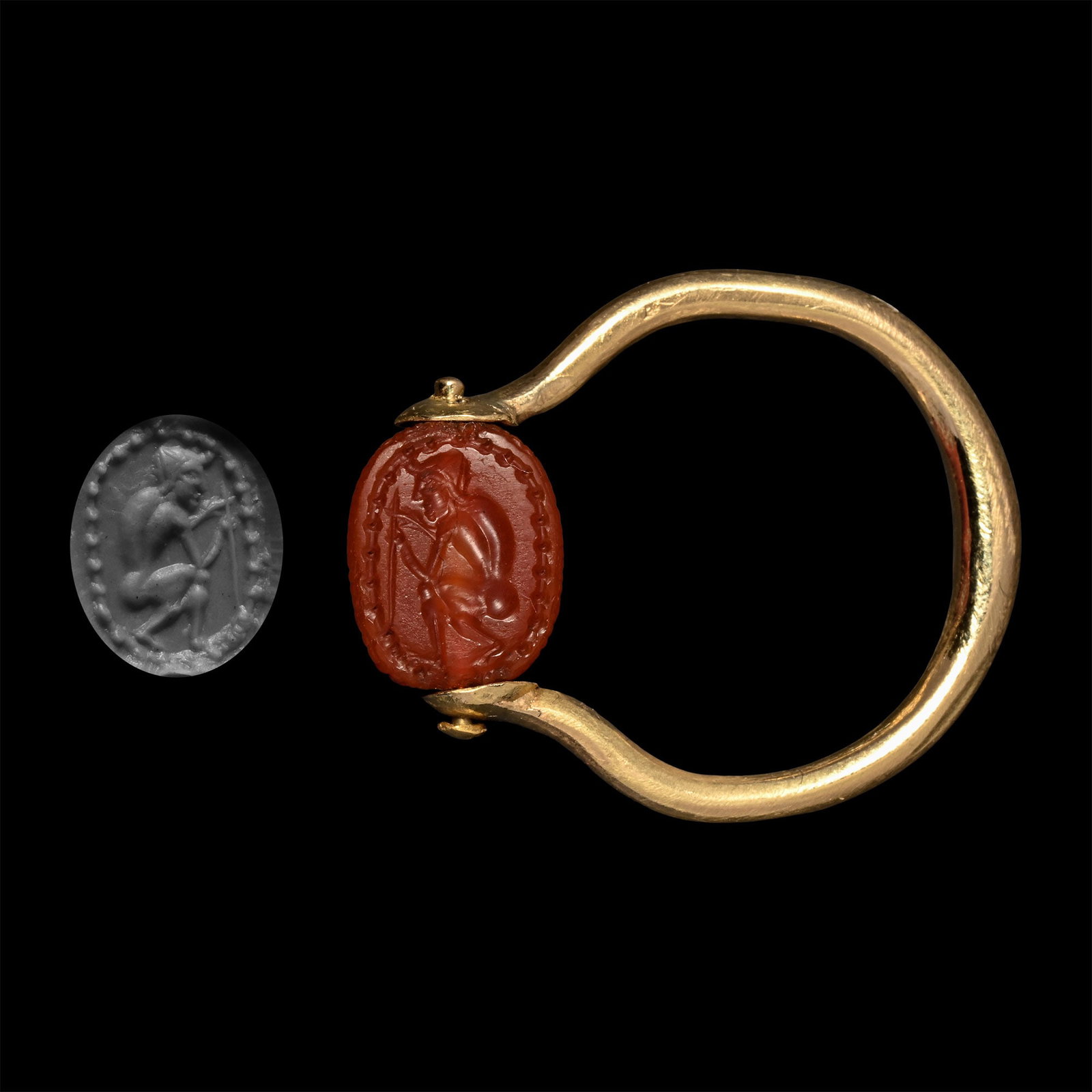 Etruscan Carnelian Scarab of a Fletcher in Gold Ring (1 of 1)