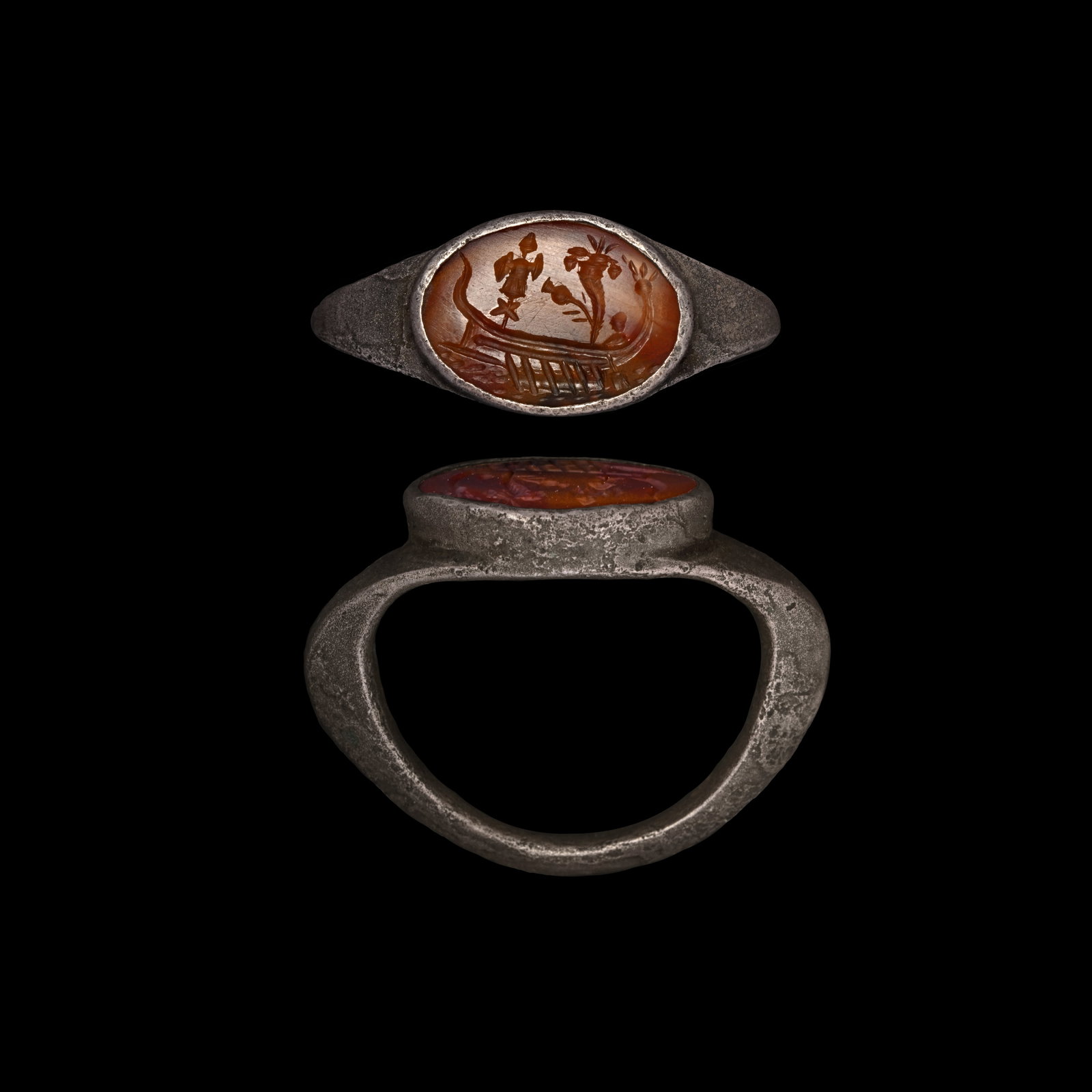 Roman Silver Ring with Agate Gemstone with Roman War Ship with Trophy (1 of 2)