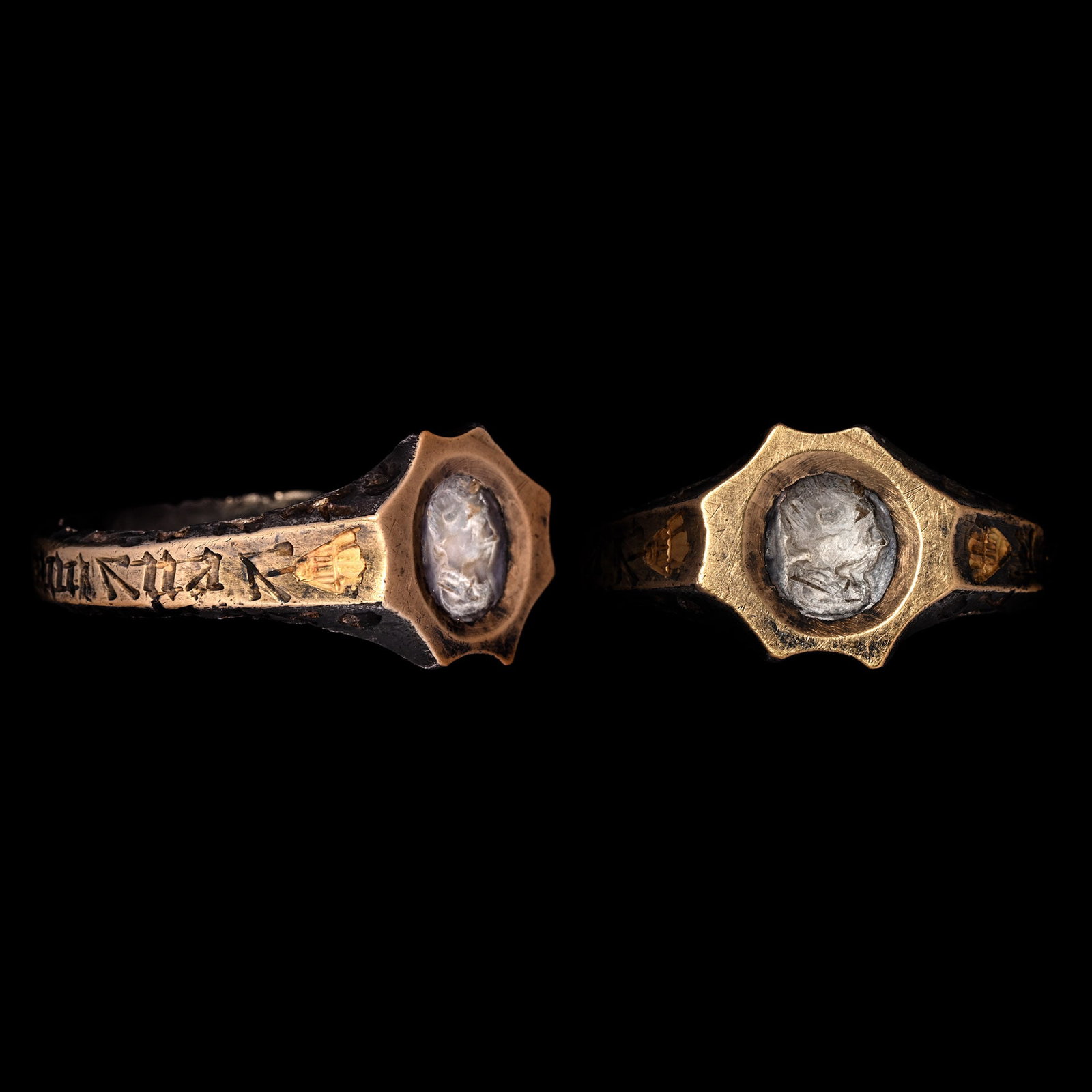 Medieval Silver-Gilt Ring with Male Head Gemstone and Inscriptions (1 of 1)