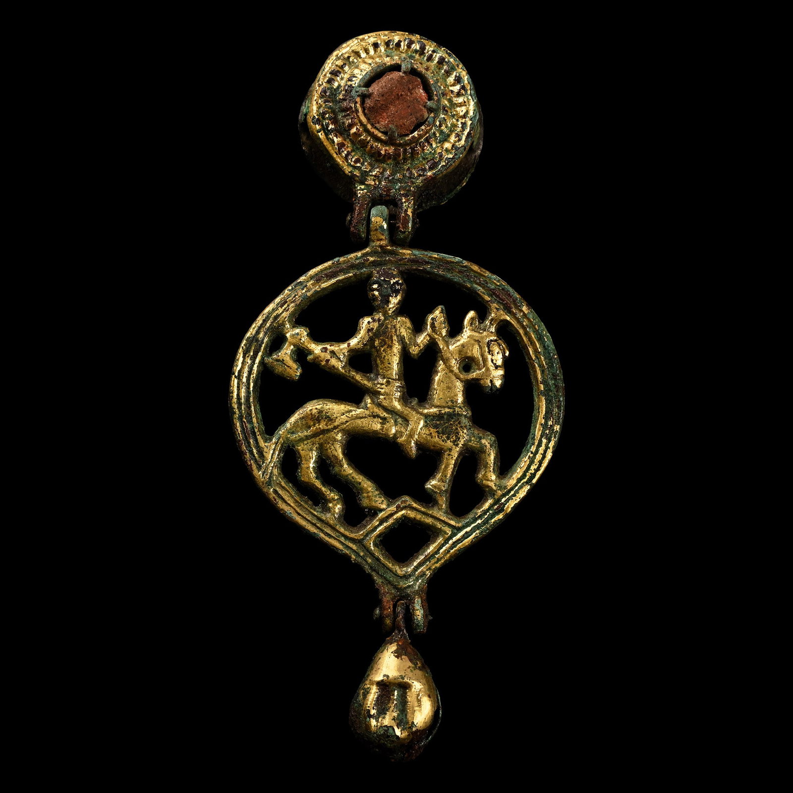 Medieval Knight's Gilt Bronze Horse Harness Pendant and Hanger with Axe-Wielding Rider (1 of 1)