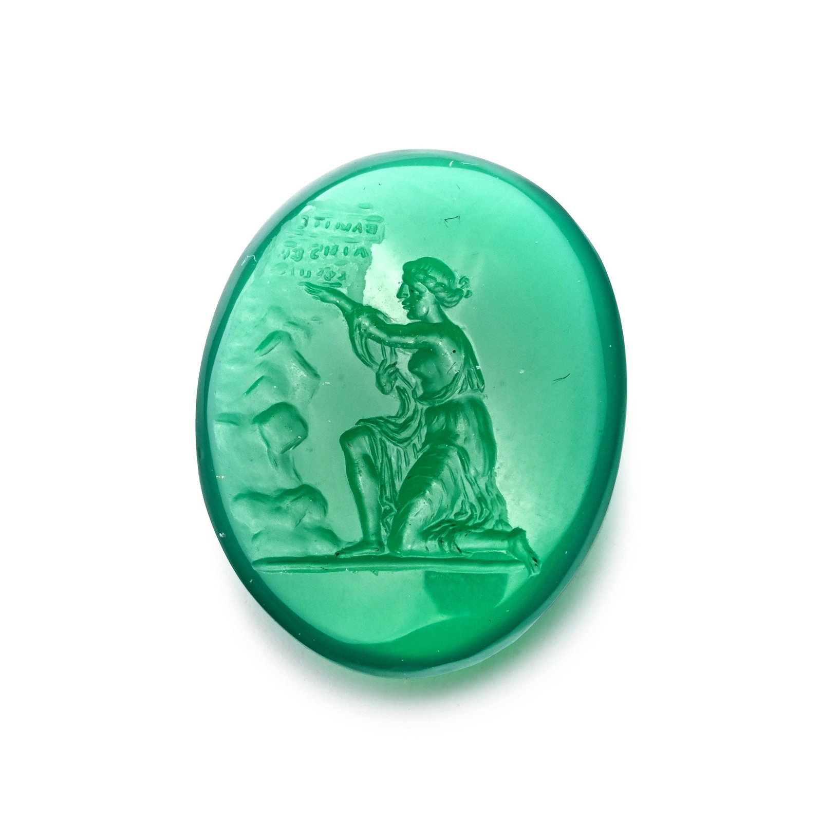 Neoclassical Tinted Green Agate Gemstone with a Votive Scene: 18th century A.D. Intaglio votive scene with female figure kneeling before a flaming altar; upper right, three lines of enigmatic inscription; supplied with a museum-quality impression. 2.07 grams, 20