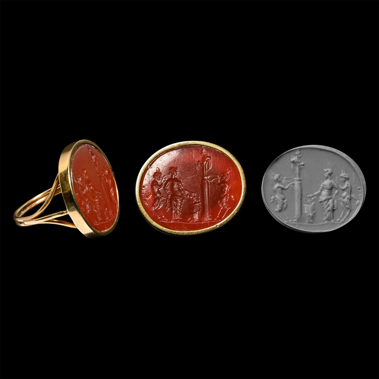Post Medieval Gemstone Depicting Bacchanalian Sacrifice in Gold Ring (1 of 1)