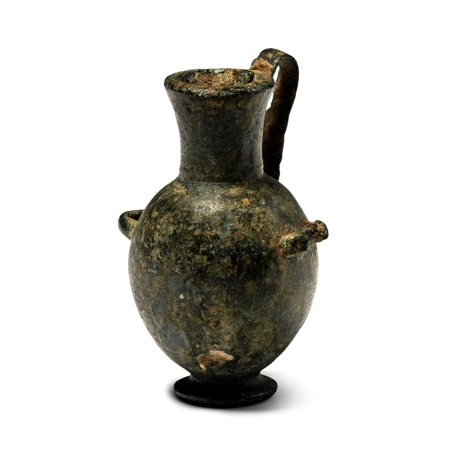 Greek Miniature Bronze Hydria: Geometric Period, 8th-6th century B.C. With a bulbous body, flared foot, lateral loop handles to the shoulder and a strap handle to the rear. 23.5 grams, 37 mm (1 3/8 in.). (For this specific lot, 5%