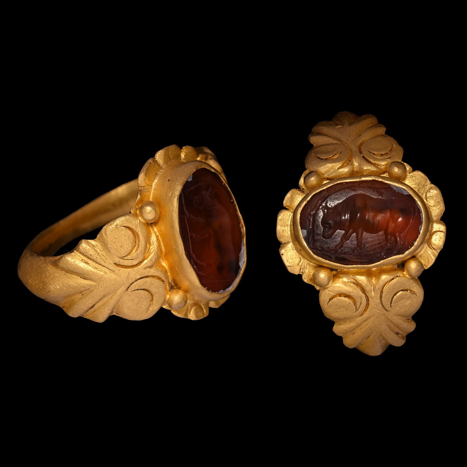 Roman Gemstone with Bull in Gold Ring (1 of 2)