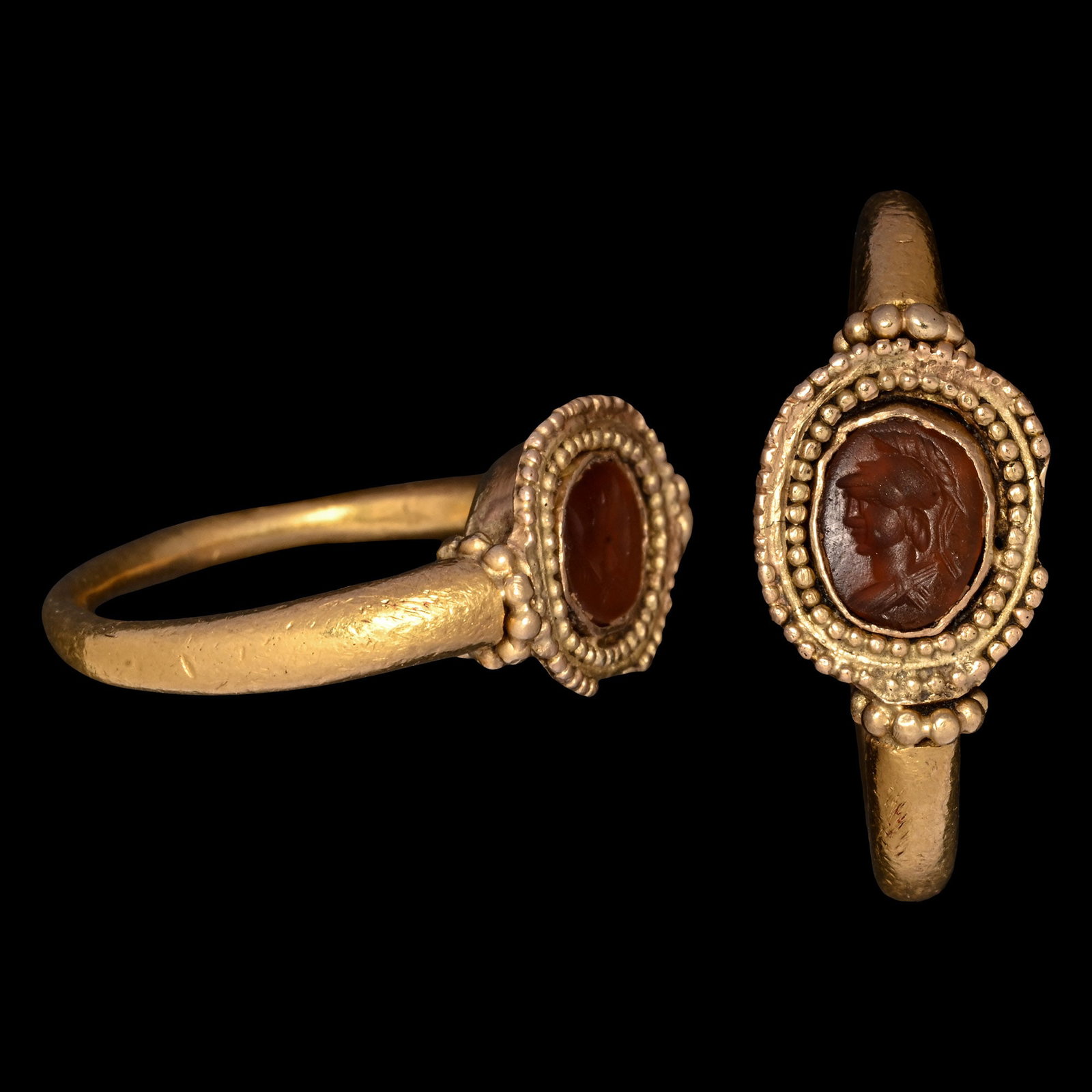 Roman Carnelian Gemstone with Bust of Minerva in Gold Ring (1 of 2)