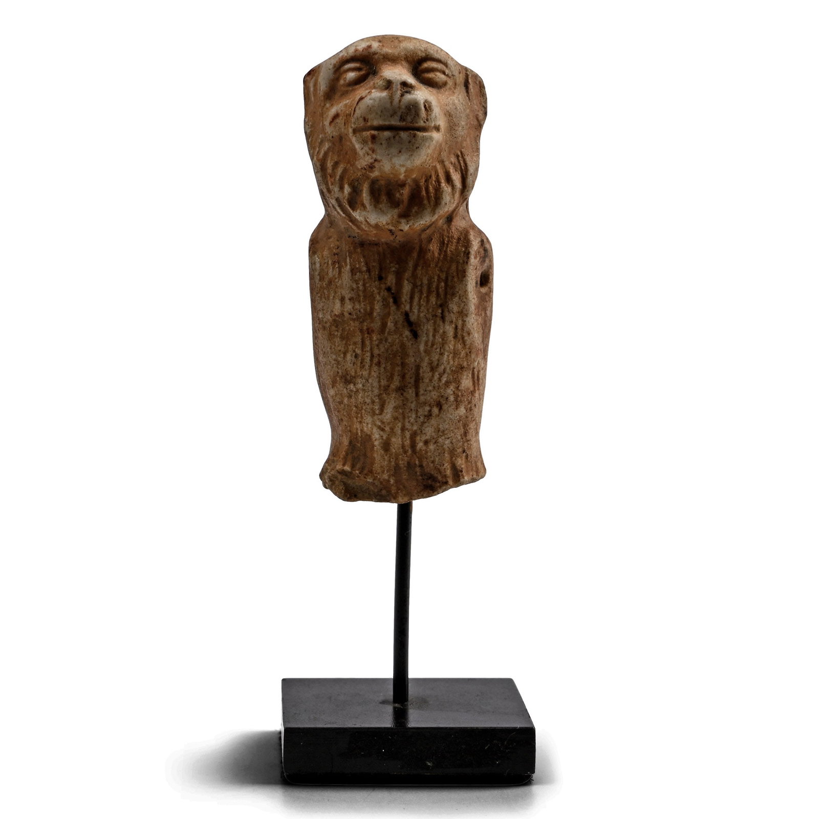 Eastern Roman Stone Child's Toy Figure: 1st-2nd century A.D. A well-carved white stone monkey statuette, with lower body absent, pierced through the shoulders to accept separately made arms; mounted on a custom-made stand. 46.8 grams total,