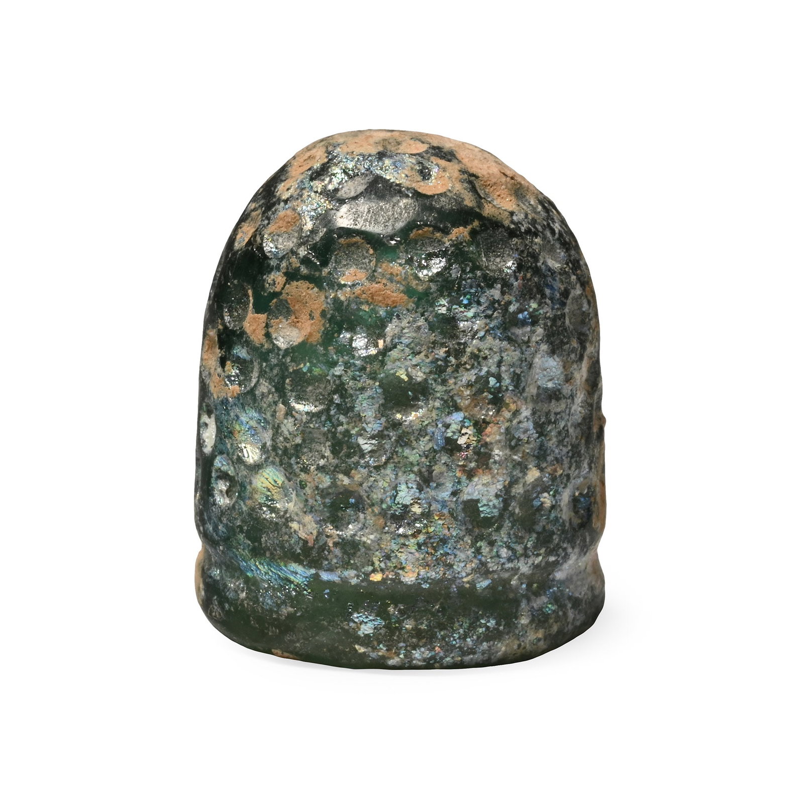 Roman Glass Thimble: 1st-4th century A.D. Narrow tubular thimble-type object with domed end and impressed dimples, remains of iridescence. 9.26 grams, 23 mm (1 in.). From an important collection of a London gentleman, UK,
