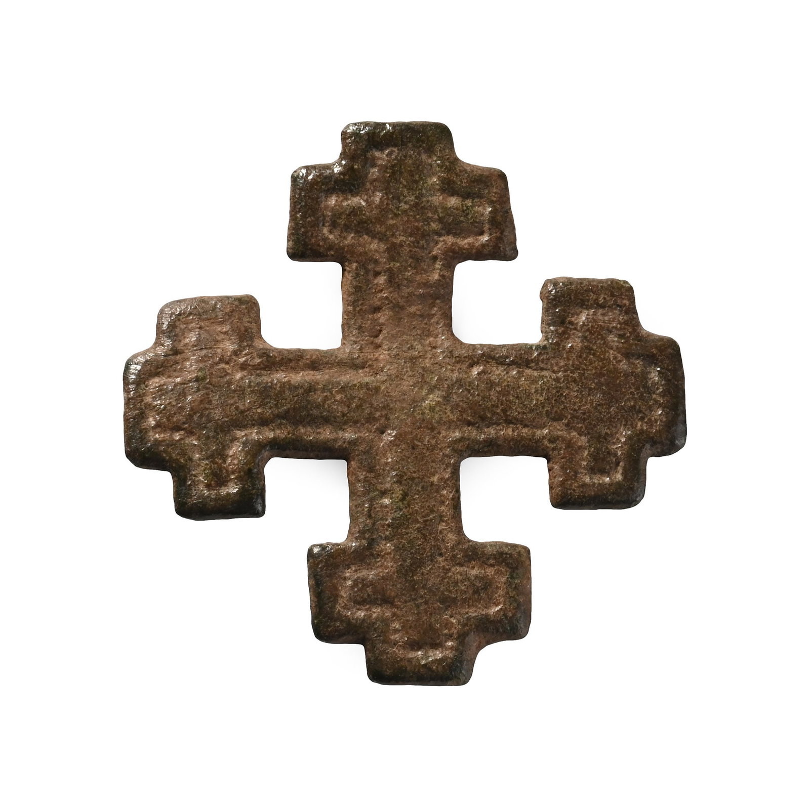 Medieval Bronze Knight's Holy Sepulchre Badge: Circa 13th-14th century A.D. Formed as a cross-crosslet, the symbol of the Knights of the Holy Sepulchre, with punched-point border. Cf. Mitchiner, M., Medieval Pilgrim & Secular Badges, London, 1986,