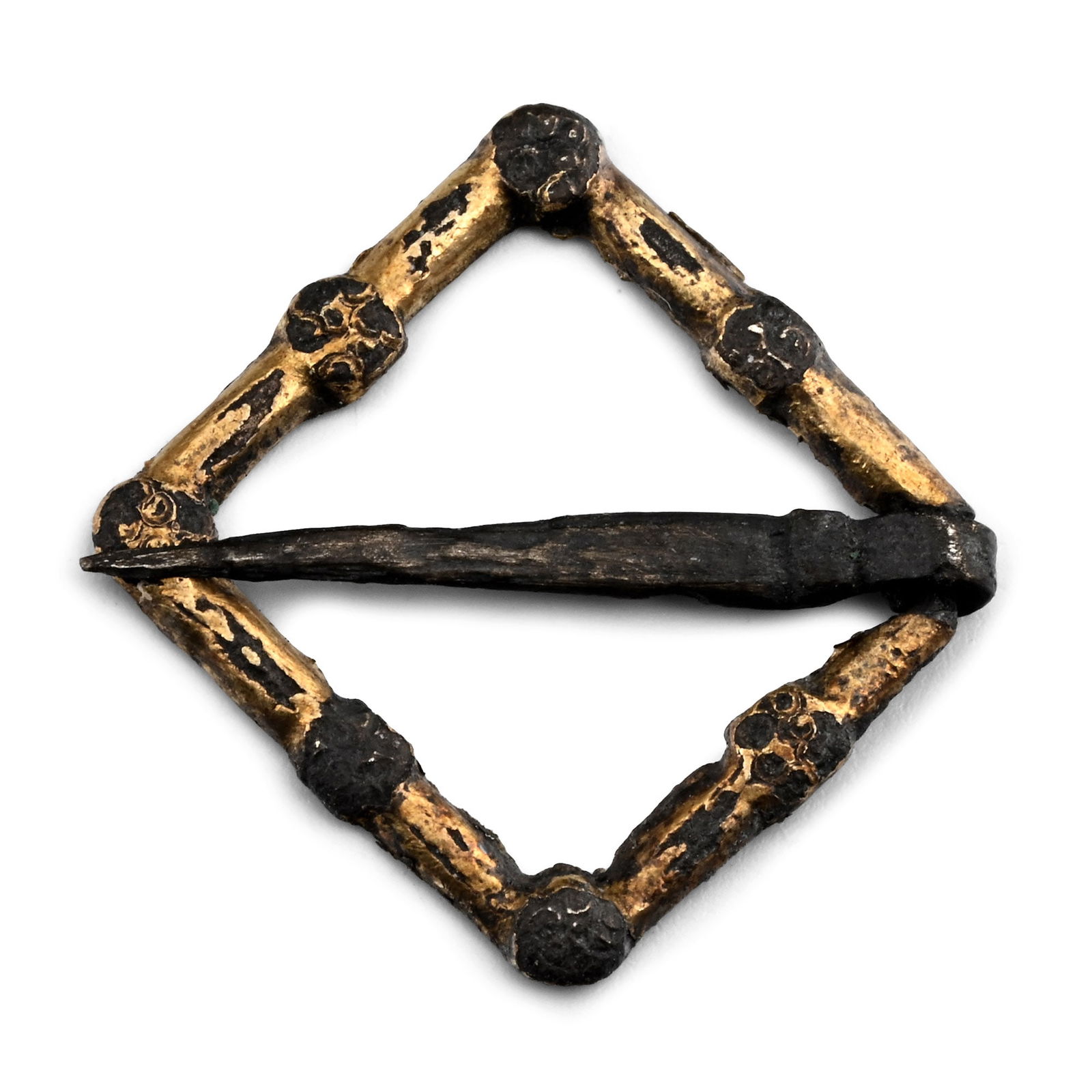 Medieval 'Thames' Silver-Gilt Lozenge-Shaped Brooch: 13th-14th century A.D. With a narrow frame, pin mounted at the apex. See Egan, G. & Pritchard, F., Dress Accessories 1150-1450, London, 2002. 0.48 grams, 15.7 mm (5/8 in.). [No Reserve] Found Billings