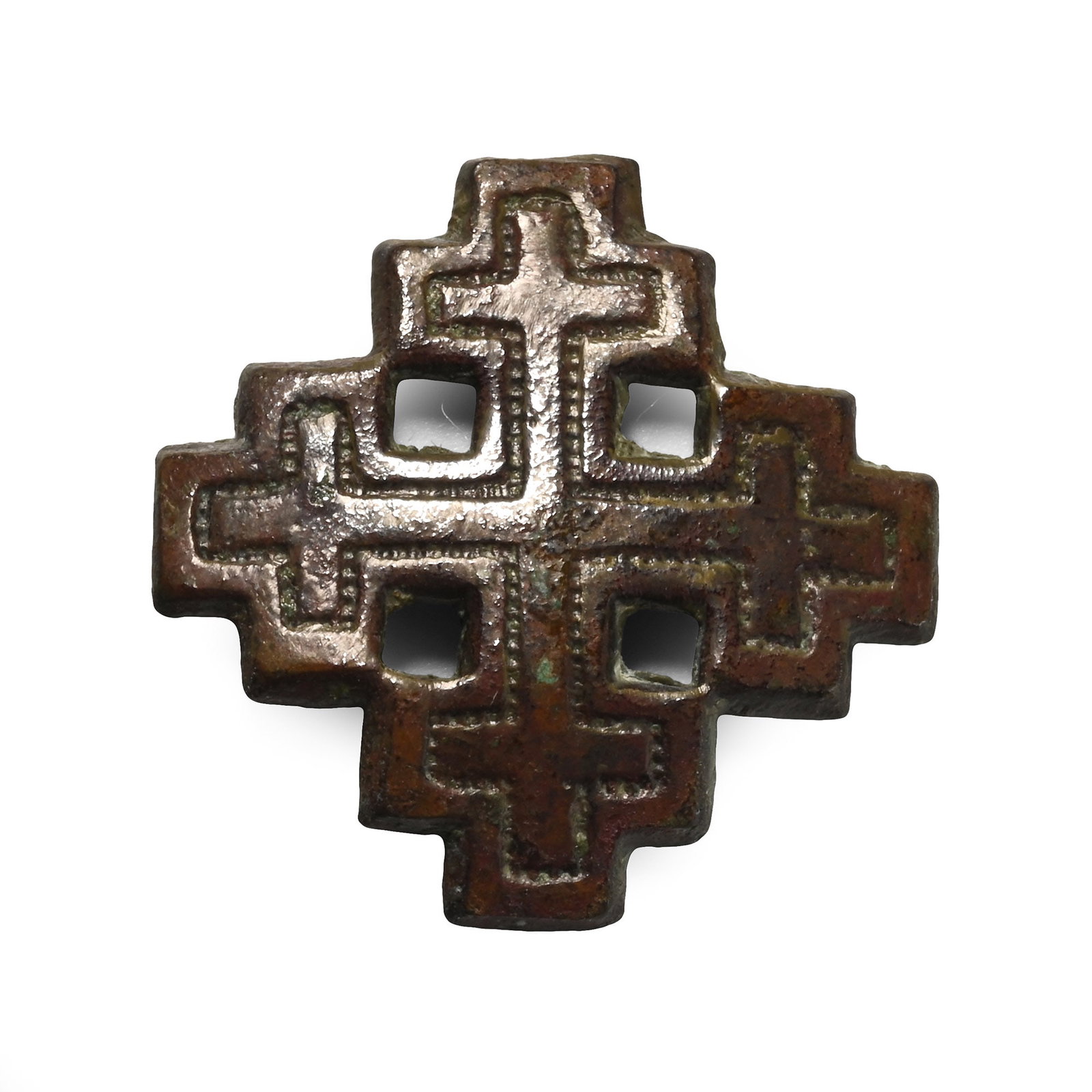 Medieval Bronze Knight's Holy Sepulchre Badge: Circa 13th-14th century A.D. Formed as a cross-crosslet, the symbol of the Knights of the Holy Sepulchre, with punched-point border. Cf. Mitchiner, M., Medieval Pilgrim & Secular Badges, London, 1986,
