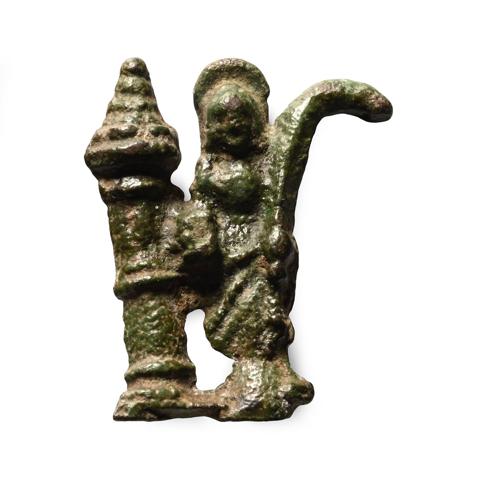 Medieval Bronze Pilgrim's Badge of Saint Barbara: 14th-15th century A.D. Nimbate Saint Barbara standing next to a tower with three windows and holding a palm frond, modelled in the half-round; remains of stud to the reverse. See Spencer, B., Pilgrim