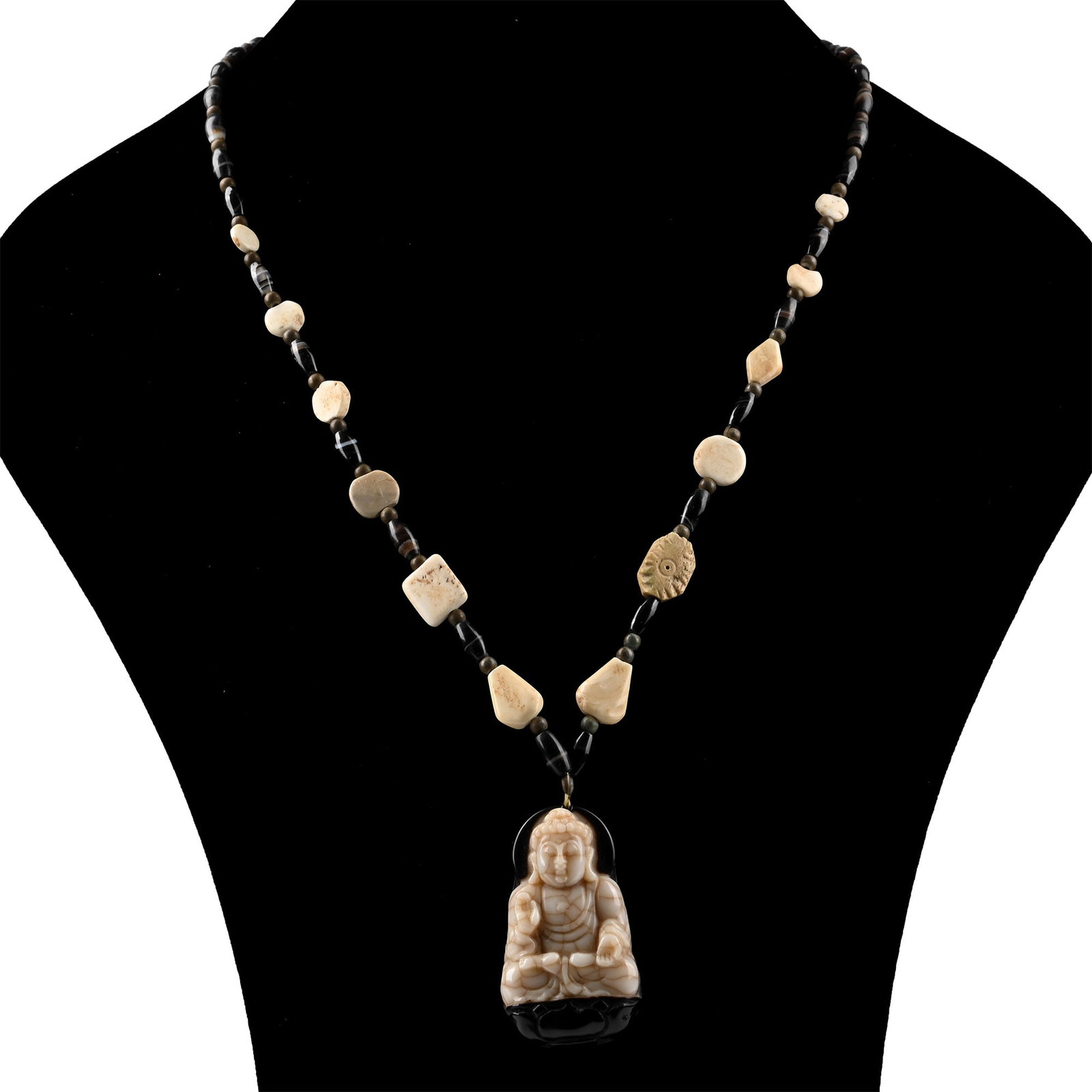 Tibetan Agate Prayer Bead Necklace with Glass Buddha Pendant (1 of 1)