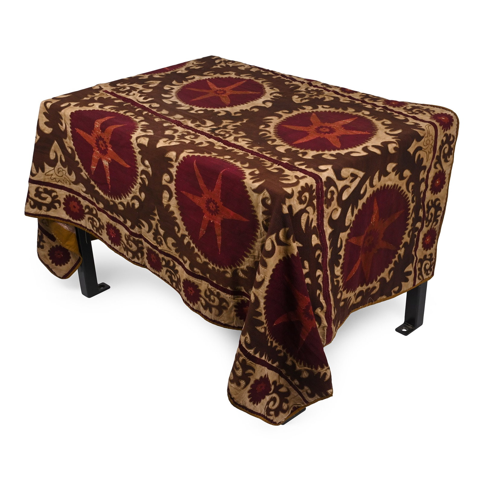 Very Large Uzbek Bed or Table Cover: 20th century A.D. Rectangular fabric panel with embroidered rosettes, tendrils and other patterns in concentric blocks. 1.7 kg, 128 x 211 cm (50 1/2 x 83 in.). [No Reserve] Private collection, UK. Tim