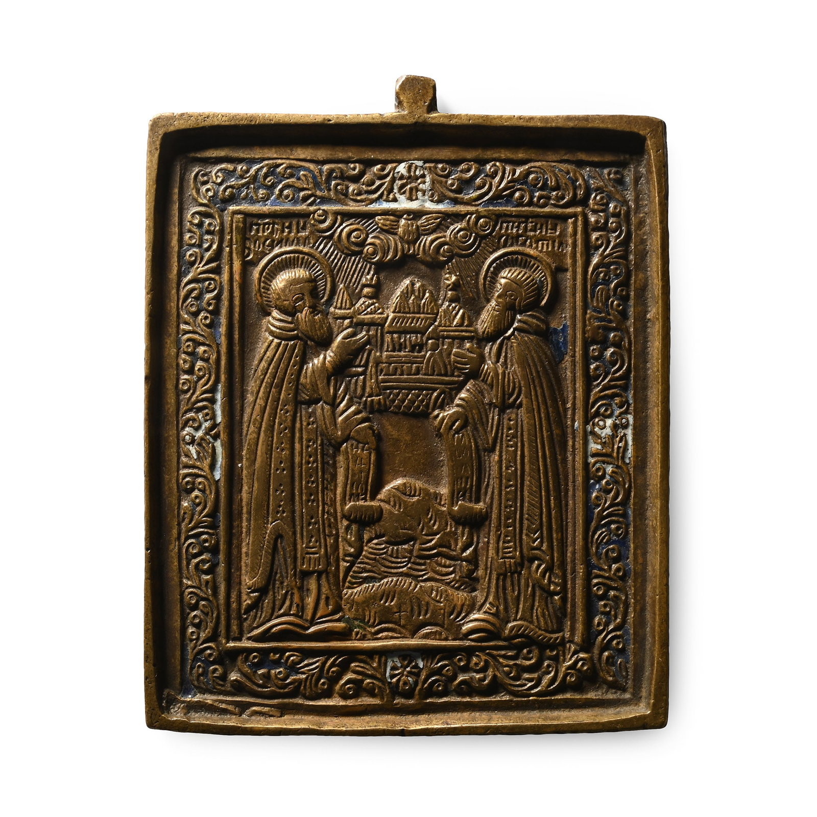 Russian Orthodox Enamelled Bronze Travel Icon with Saints Zosima and Sabbas (1 of 1)