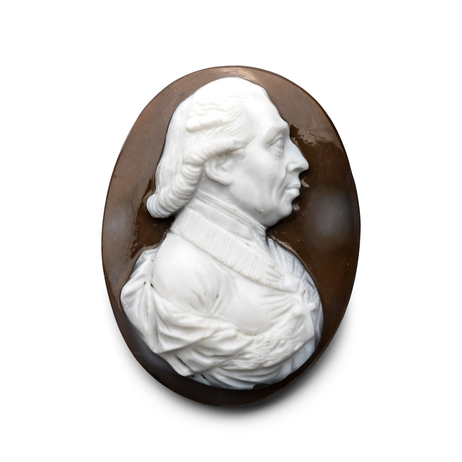 Agate Cameo of Karl Theodor Anton Maria Von Dalberg: Germany, 19th century A.D. Ellipsoid with reserved profile of Karl Theodor Anton Maria Von Dalberg facing left, attributed to Johann Martin Bückle (1742-1811). 3.52 grams, 25 mm (1 in.). Private coll